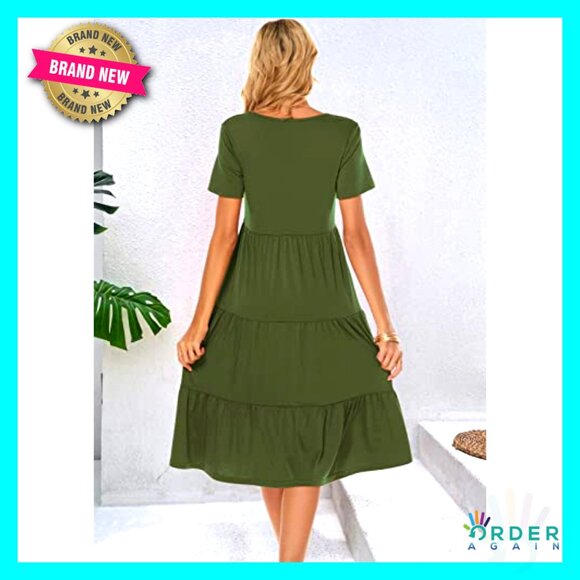 Tiered Midi Dress Loose Fit V-Neck Cotton Boho Summer Casual Sundress - Picture 2 of 7